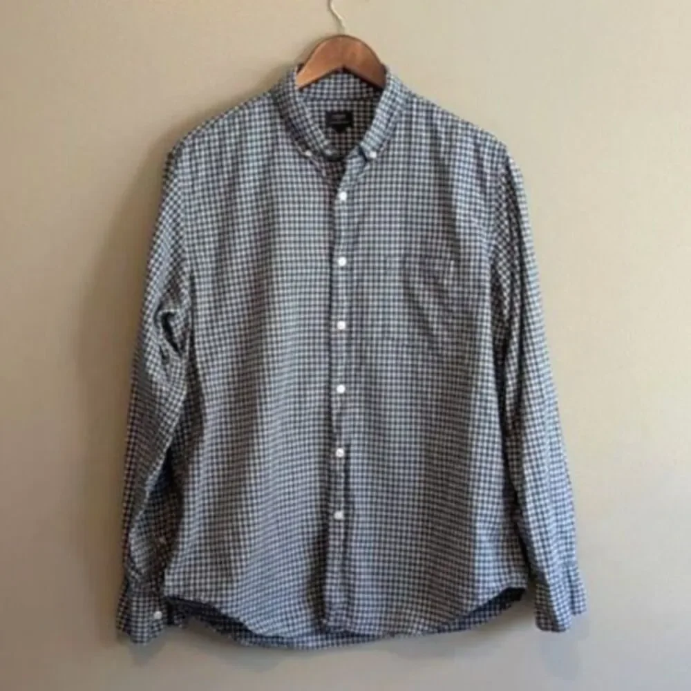 J. Crew Mens Large L Green Gray Check Dress Shirt Heathered Cotton Button Down